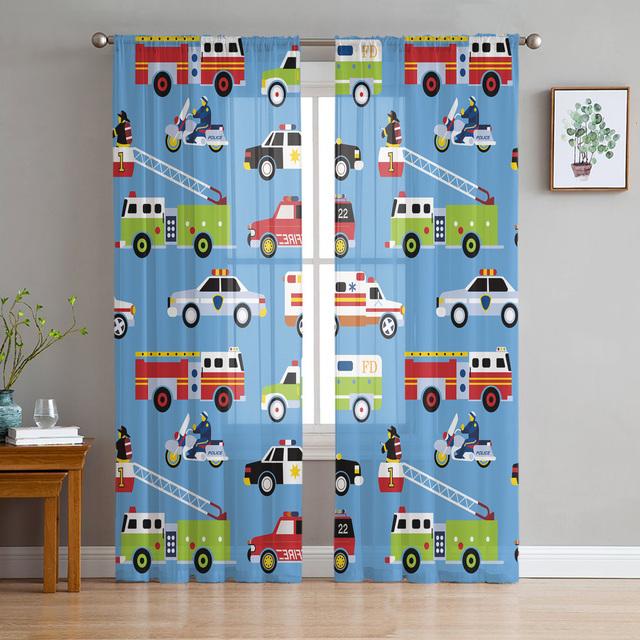 

Тюлевые шторы с героями мультфильмов, пожарная машина, скорая помощь, полицейская машина, украшение для гостиной, шифоновая прозрачная вуаль, занавеска для кухни, спальни 1 PCS W150XH250cm