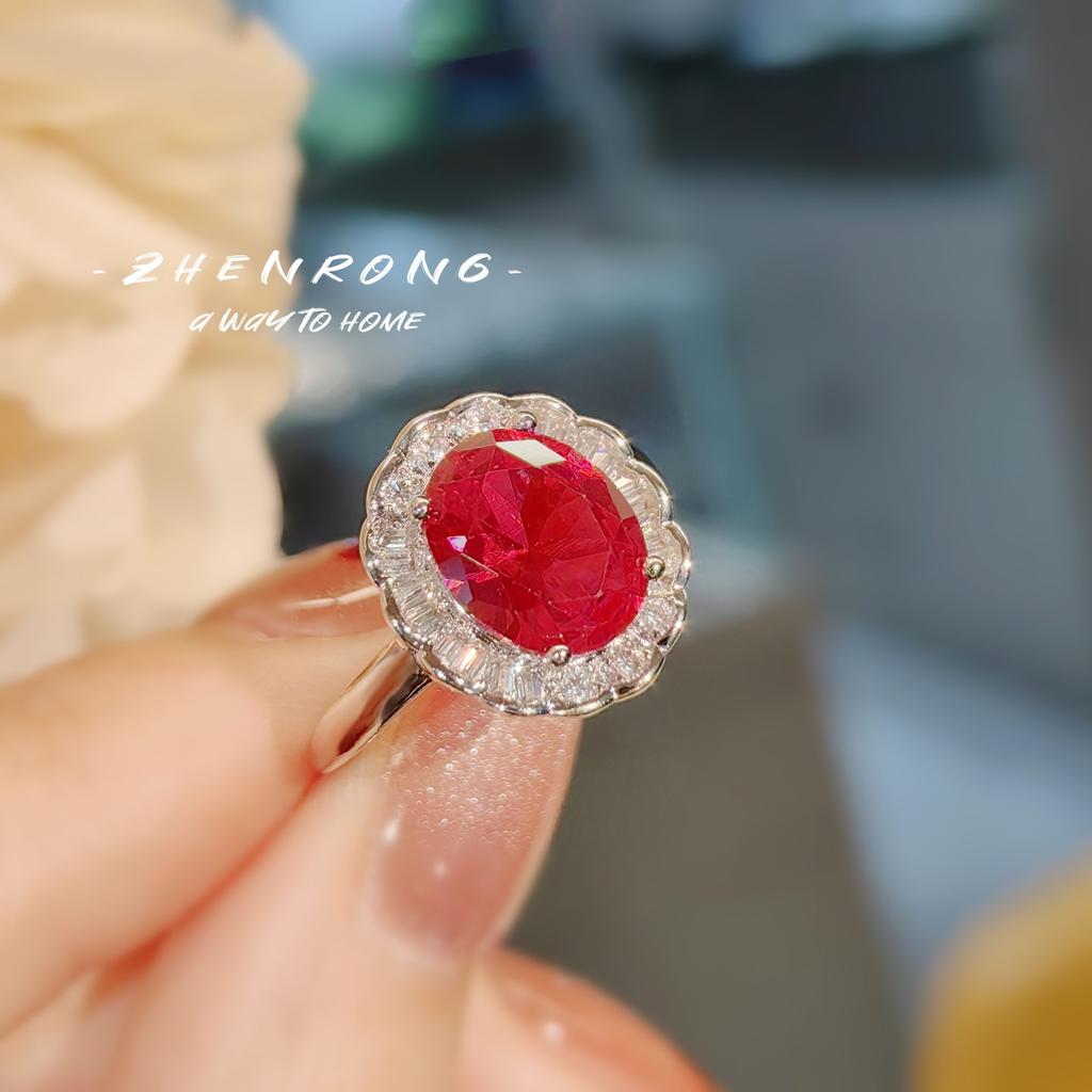 Fashion Color Treasure Red Corundum Ring Light Luxury Temperament Versatile Drainage High Carbon Diamond Women'S Ring