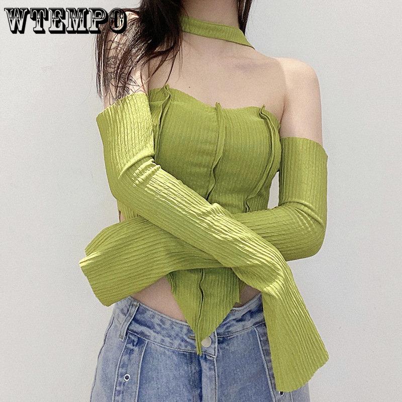 WTEMPO Casual Off Shoulder Halter T-Shirts for Women Spring Streetwear Stretchy Wild Slim Y2K Basic Tops