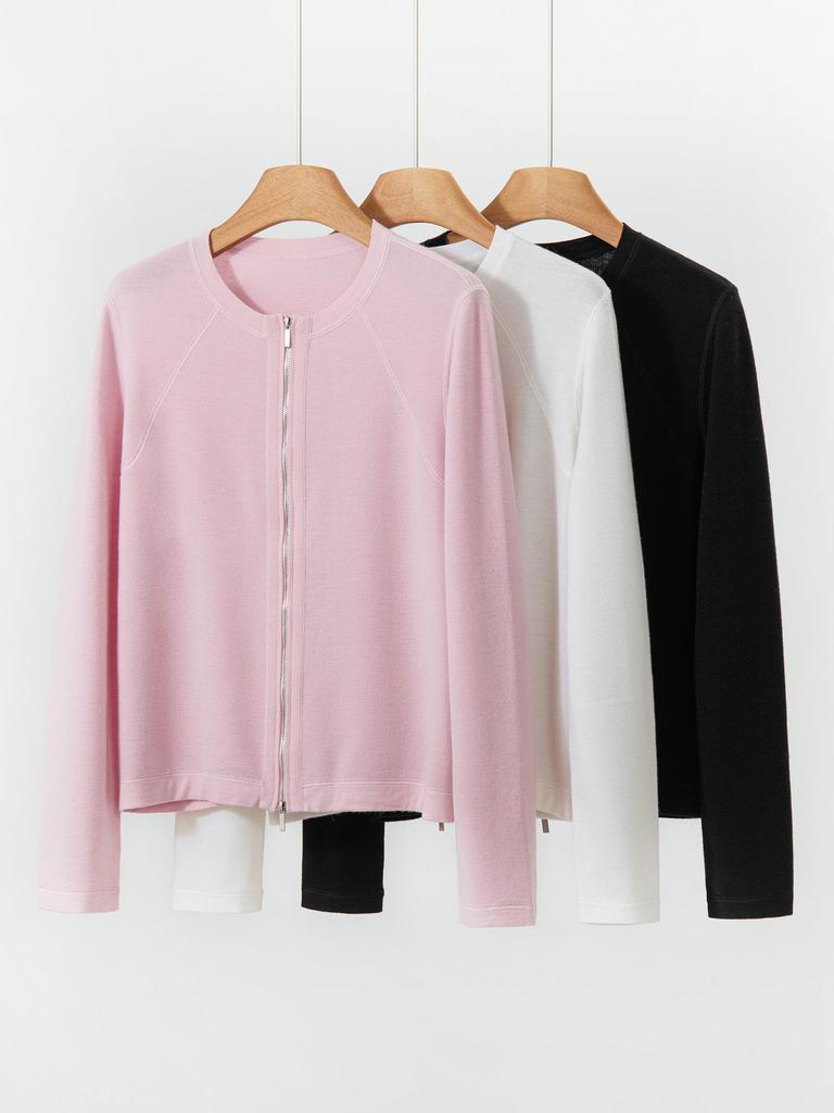 Yangzi Yarn Pure Wool Slim Fit Zipper Round Neck Women's Cardigan - Summer Thin Style