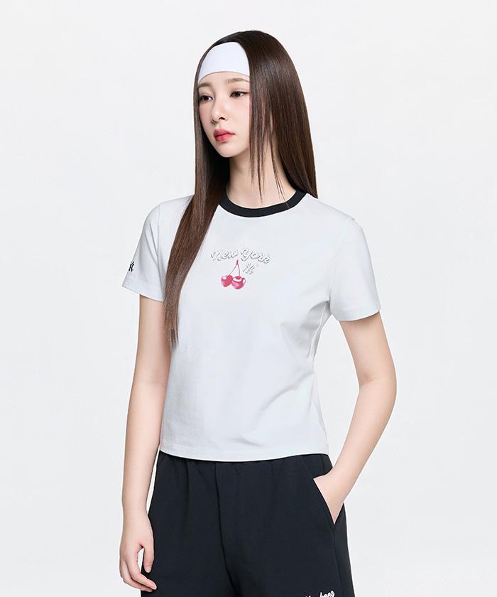 Emelbi Women'S Summer Fruit Ringer Slim Semi-Crop Short Sleeve T-Shirt Ny (White)