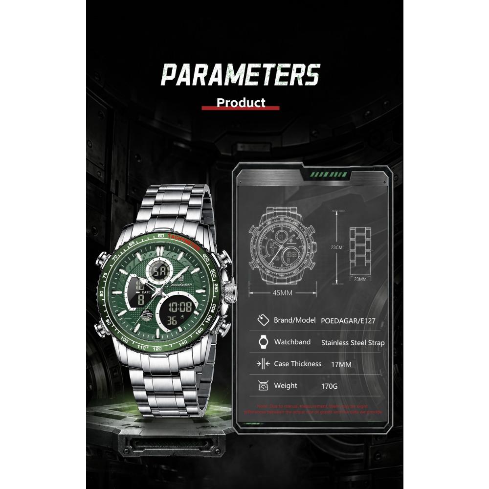 POEDAGAR Top LED Man Clock Waterproof Electronic Luxury Men's Watches Dual Time Display Digital Stainless Steel Quartz Watch