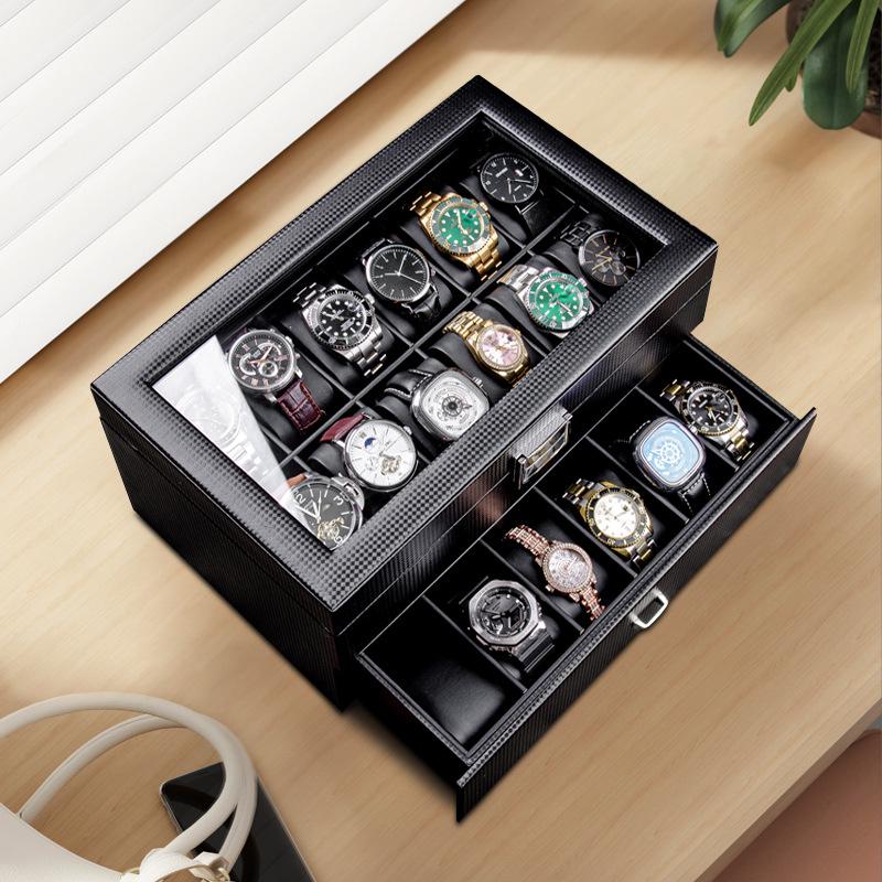 Carbon Fiber Leather Watch and Jewelry Storage Box