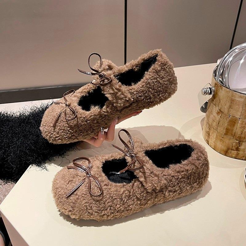 Fashion New Flat Shoes in Autumn Fashion Round Toe Shallow Mouth Bow One Strap Soft Sole Anti-slip Wear-resistant Cotton Shoes