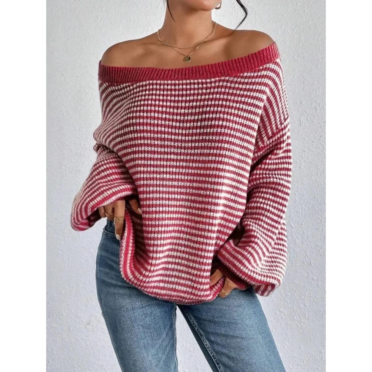 

VAYLA Versatile Knitted Top One-Row Neck Lace-Up Style Sweater Loose Fit Striped Lantern Sleeve Tops XXL червоний