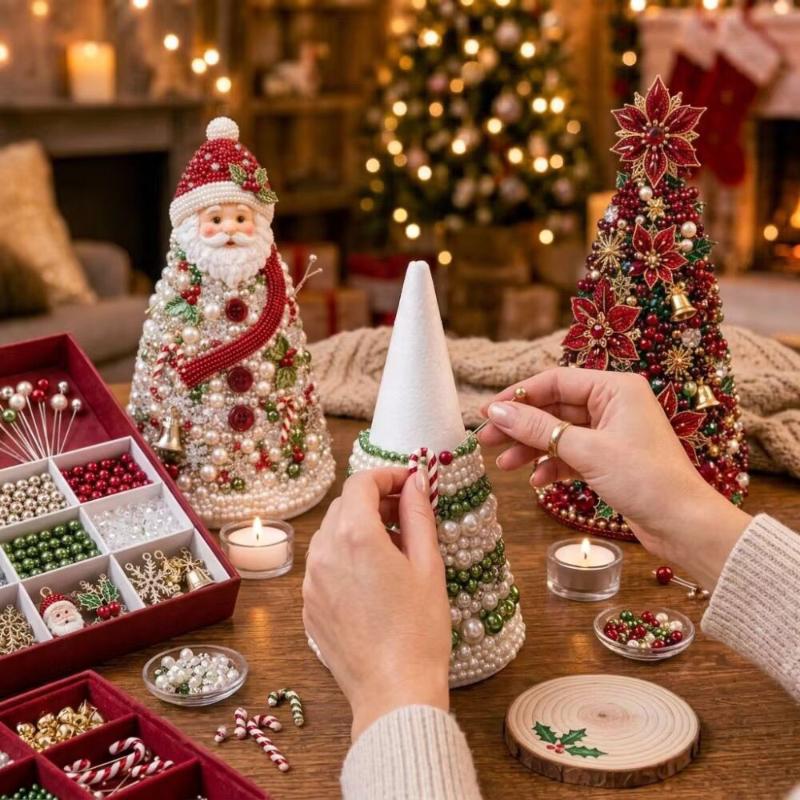Kit Albero di Natale con Perline Fai da Te Stella Educativa Decorazione da Tavolo Albero di Natale in Schiuma Conica Fatto a Mano Decorazione per Festa di Natale Regalo