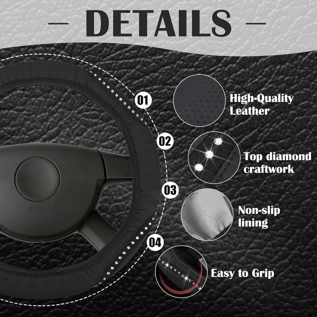 Sinmoe 10 Pcs Bling Car Accessories Set For Women Rhinestones Leather Accessories Steering Wheel Cover Armrest Gear Shift And Seat Belt And Handbrake