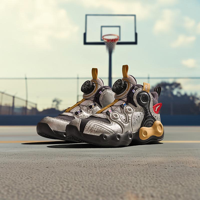 Anta Kids Asymmetrical Synthetic Leather Trendy Lightweight Shock Absorbing Mid-Top Basketball Shoes Kids basketball shoes Gray Silver A12449901-2