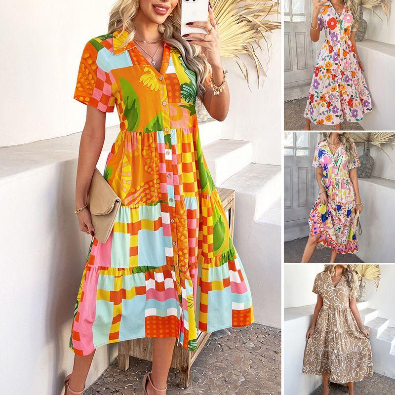 European and American Foreign Trade Women's Clothing Spring and Summer Casual Bohemian Vacation High-Waisted Geometric Color-Blocking Print Dress