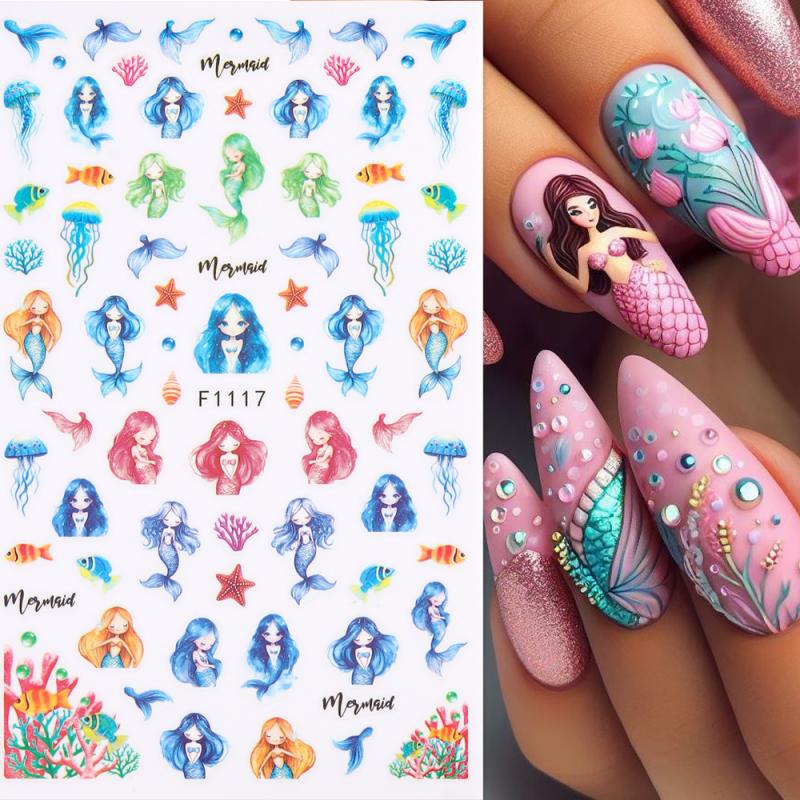 1 Sheet Holographic Jellyfish Dolphin Nail Art Stickers 3D Mermaid Ocean Shell Nail Decals Adhesive Ocean Beach Designs Nails