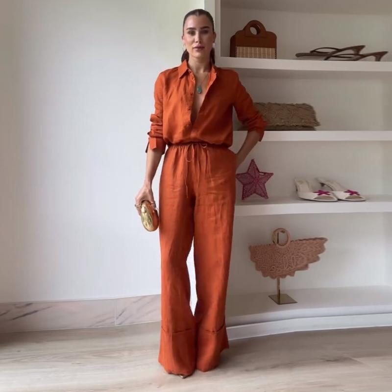 Casual Loose Women's Trouser Suits Turn-down Collar Single Breasted Long Sleeves Lady Sets Female 2025 Spring Solid Color Set 2 Pieces
