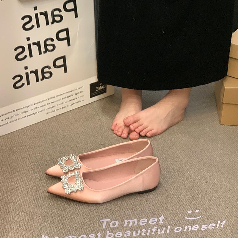 

French temperament satin single shoes women s spring pointed rhinestone square buckle with skirt flat bottom ladyshoes 39 розовый