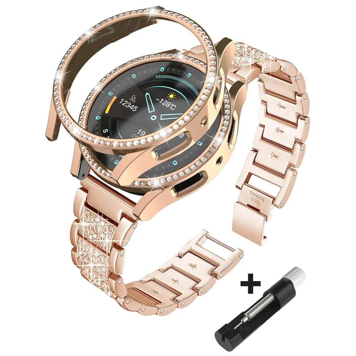 

Металевий Ремінець+Корпус для Samsung Galaxy Watch7 6 5 4 40мм 44мм Ремінець Жіночий Нержавіюча Сталь Алмазний Браслет & Захисний Бампер Аксесуар Galaxy watch5 40mm рожевий колір золота