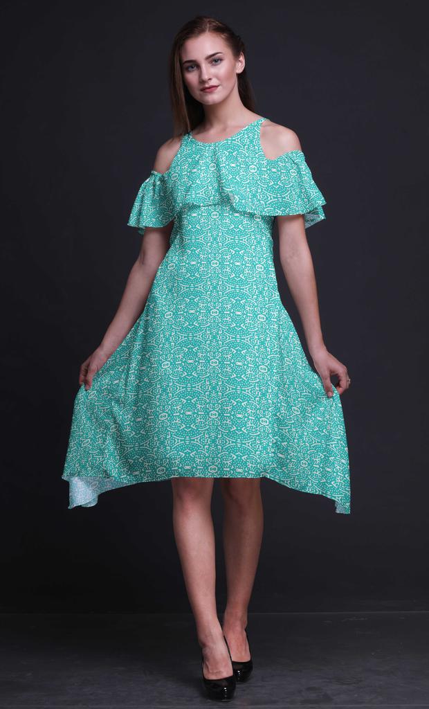 Bimba Block Print Cold Shoulder Women Swing Tunic Flutter Sleeve Midi