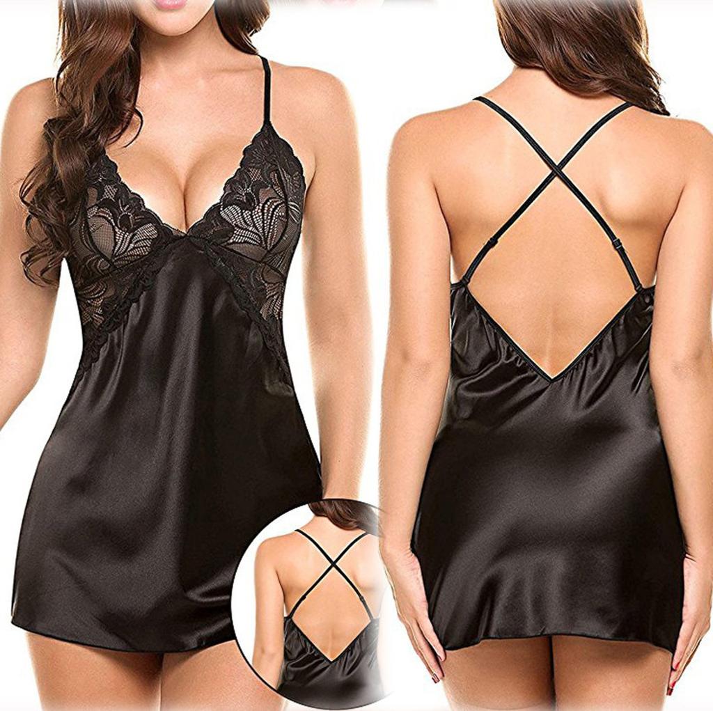 Lace Sheer Nightdress Satin Chemise Adjustable Straps V Neckline Floral Pattern Sleepwear Mini Dress