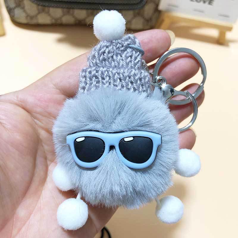 Mignon Cartoon Loutre Lapin Fourrure Lunettes Pendentif Porte-clés Ornement