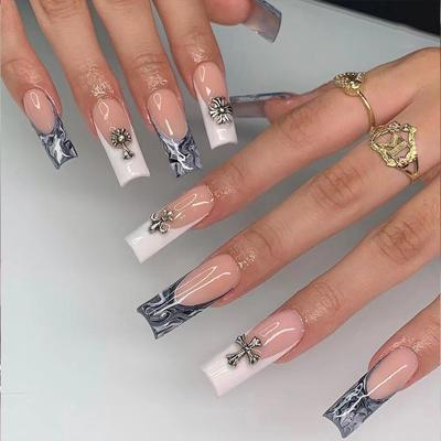 French Wear Nail Black and White Smudge Cross Long Ballet Nail Piece Fake Nail Nail Nail Piece Wholesale Nail Piece