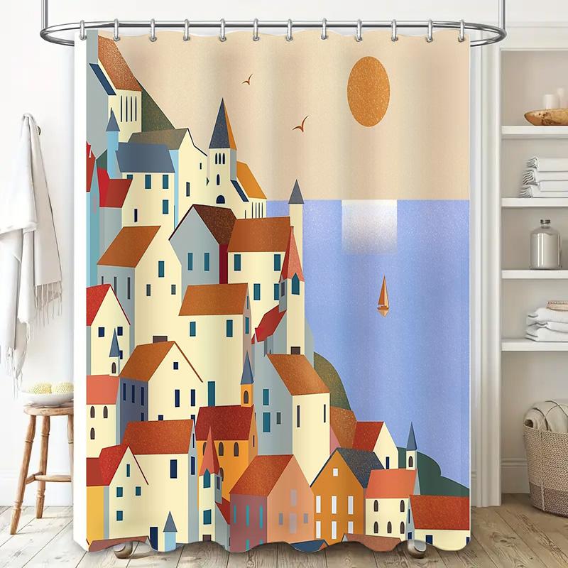Coastal Shower Curtain Set Waterproof Beach Ocean Landscape Decor Bathroom Fabric
