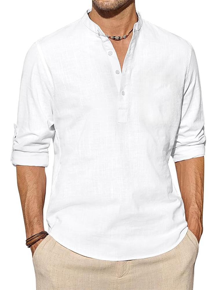 Cotton Linen Shirts for Men Casual Shirts Lightweight Long Sleeve Henley T Shirt Solid Color Long Sleeve Tops Roll Up