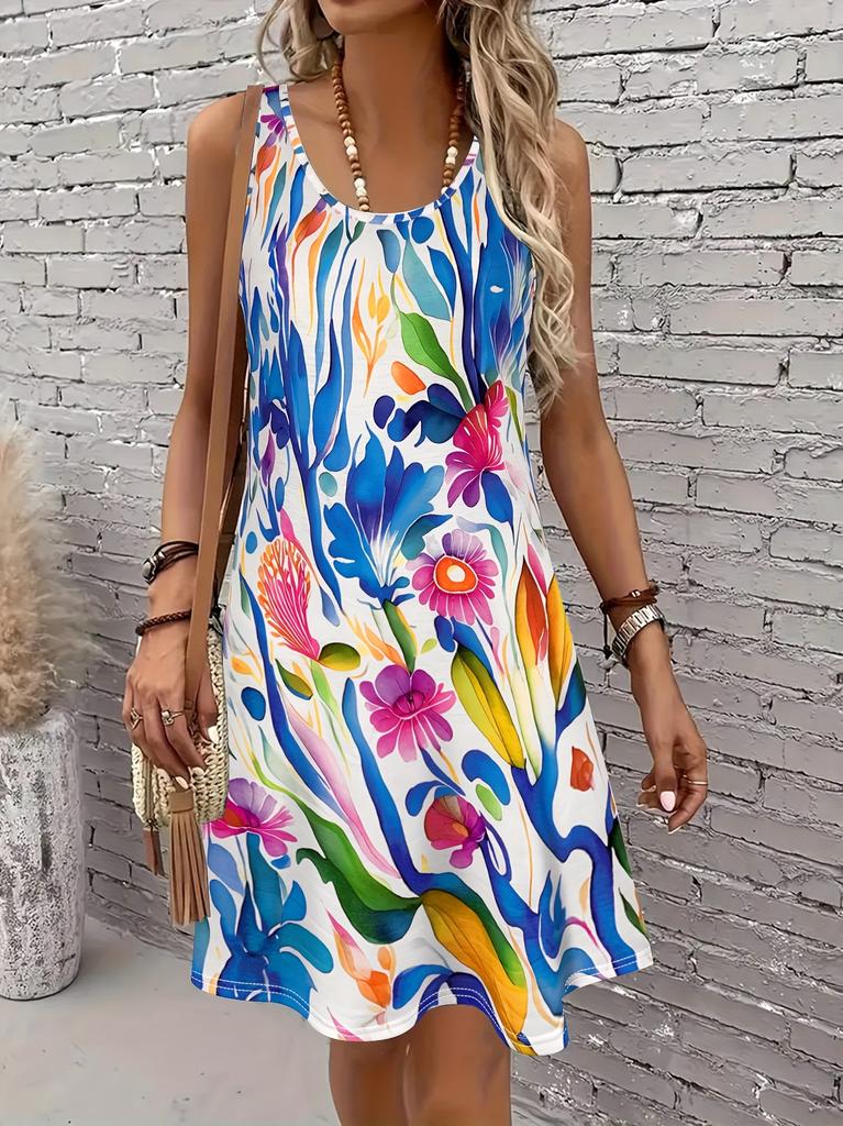 Abstract Floral Print Women's Casual Sleeveless Tank Dress Summer Vacation Casual Attire Fashion Street Wear Y2k Woman Clothing