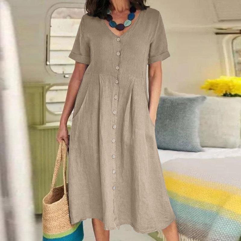 2025 Spring/Summer European and American Solid Color Loose High-Waisted Cotton Linen Dress.