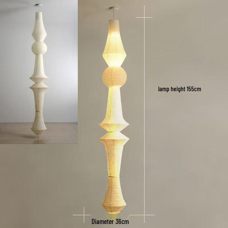 Japanese Wabi-sabi Style Isamu Noguchi Xuan Paper Long Vintage Chandelier for Aisles, Staircases, and Loft Window Displays.