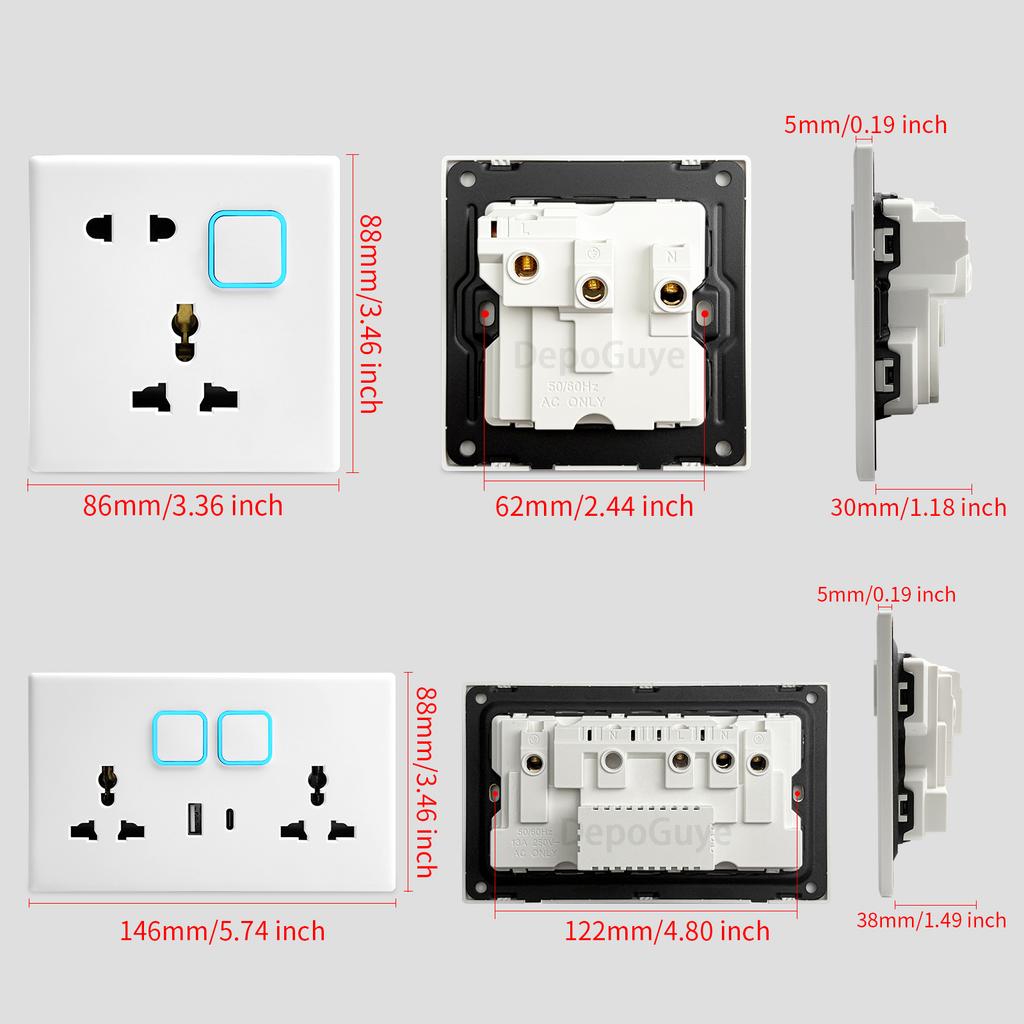 White 1 2 3 4 Gang Button Light Switch Panel Blue LED Indicator,UK Standard Wall Socket Universal Dual 3Pin USB C Power Outlet