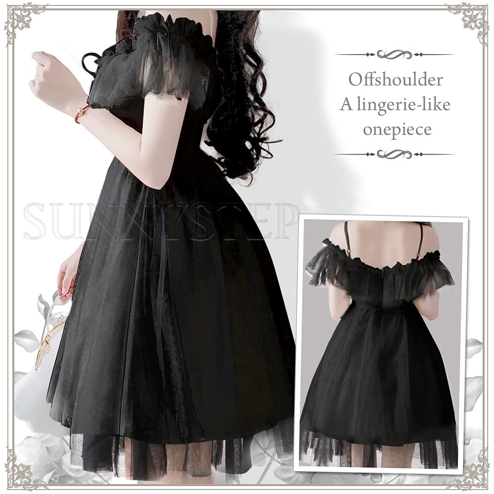 SUNNYSTEP Sexy Devilish Black Lolita Sheer Tulle for Girls Lingerie, Dress, Off-the-Shoulder, Stylish, Gothic, Dark, Lace-Up, (Black, L)