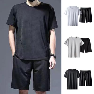 Conjunto de 2 piezas de ropa informal para hombre, camiseta de manga corta con cuello redondo, pantalones cortos de pierna ancha y cintura elástica, ropa deportiva holgada de seda de hielo de color sólido