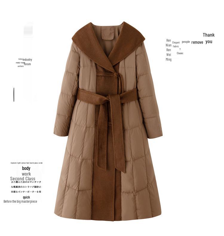Extra Long Over-the-Knee Down and Wool Coat with Belt and Large Lapel for Autumn & Winter YJ1393