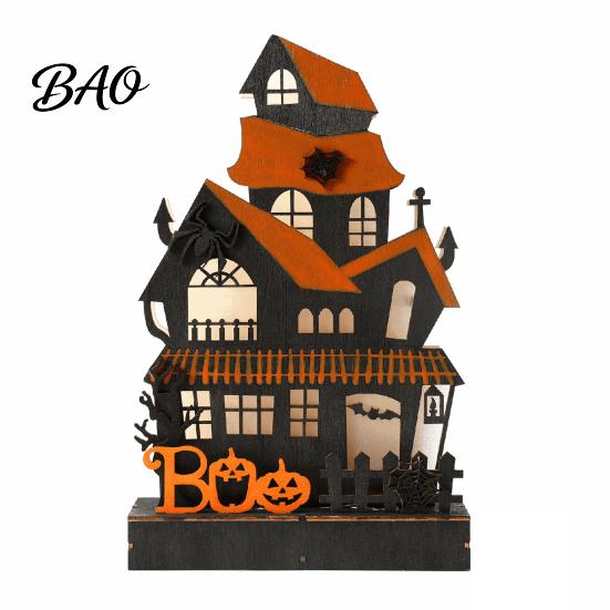 Festive Atmosphere Table Decor Wooden Glowing Haunted House Figurine with LED Light, Halloween Tabletop Centerpiece Spooky Home Interior Accents