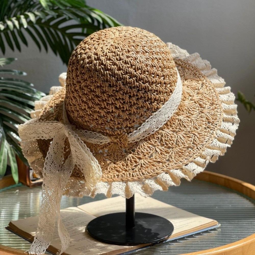 Lace Trim Sun Hat Foldable Beach Cap Elegant Summer Straw Hat  Travel