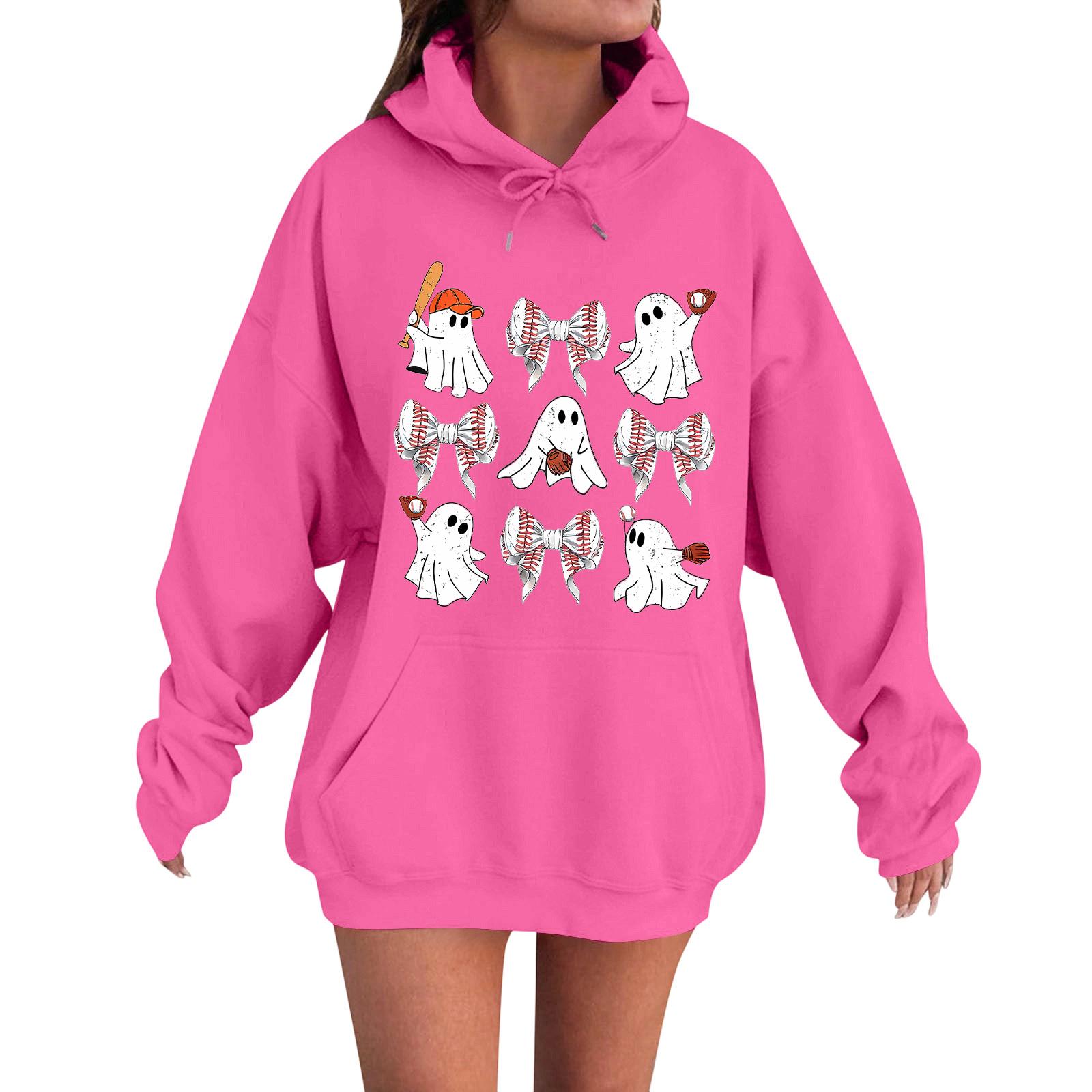 

Женская повседневная модная удобная толстовка с круглым вырезом, капюшоном и длинными рукавами с принтом на Хэллоуин, теплая L