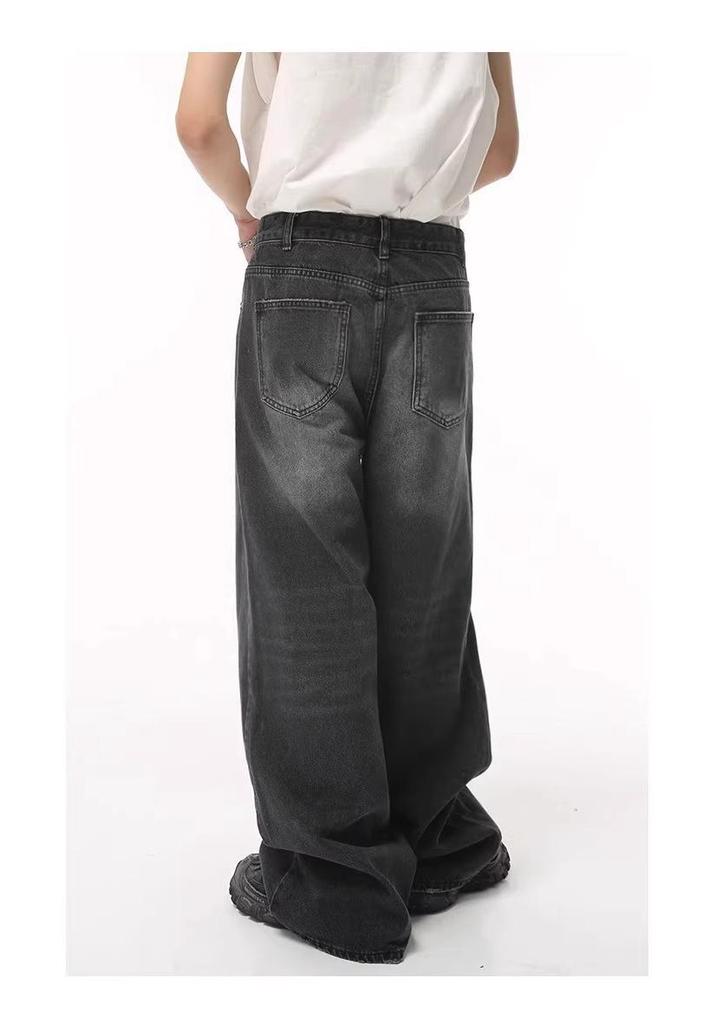 Men's Vintage Washed Wide-Leg Jeans: Retro Straight, Loose Drape, Floor-Length, Spring/Autumn 2025.