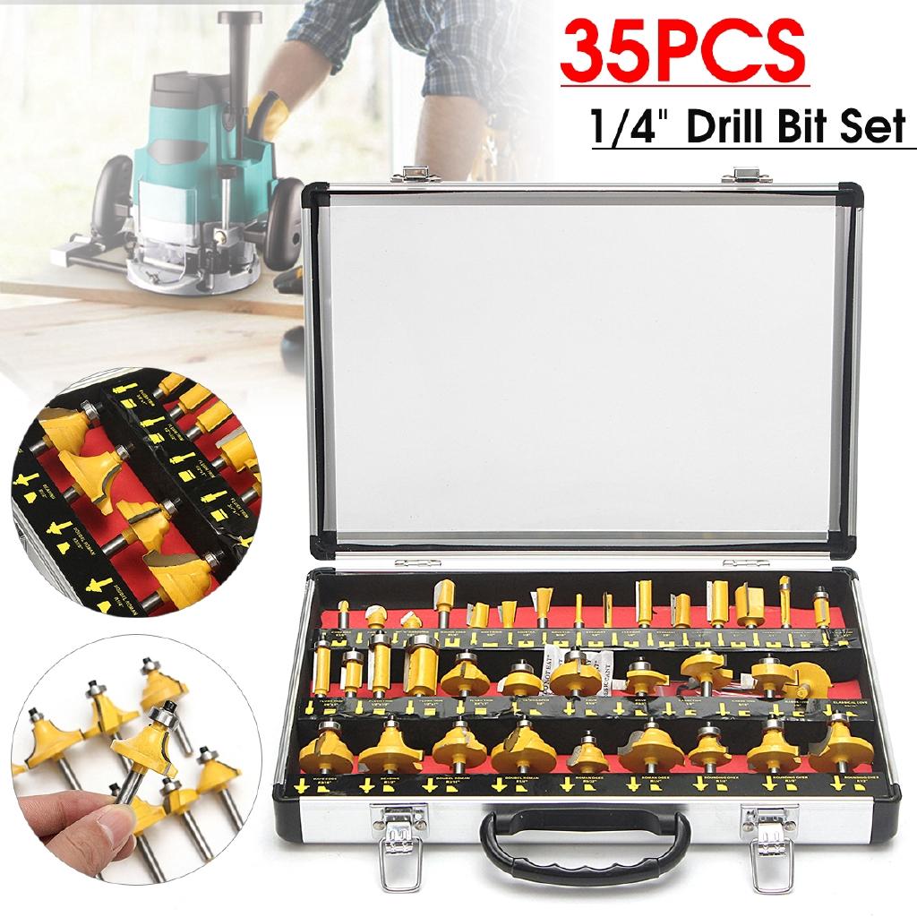 35PCS 1/4 Inch Wood Milling Cutter Shank Router Bit Set Trimming Machine Tool for Electric Trimmer Wood Work Cutting Kit