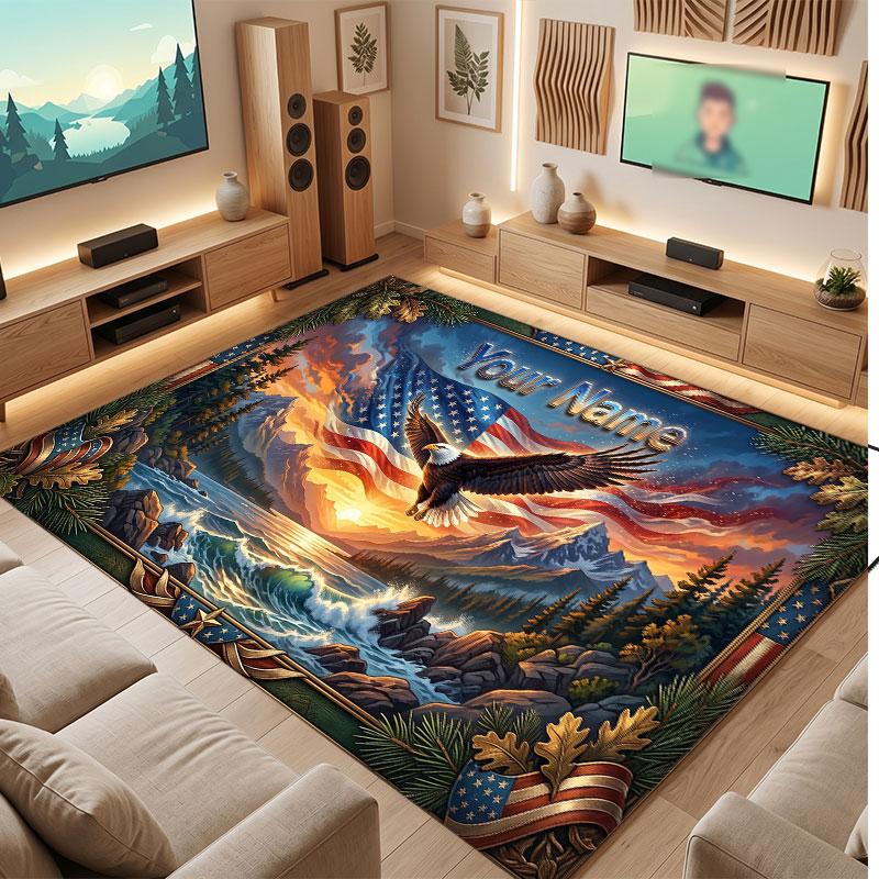American Patriotic Theme Crystal Velvet Floor Rug Personalized Custom Name Text Warm Carpet Home Decoration