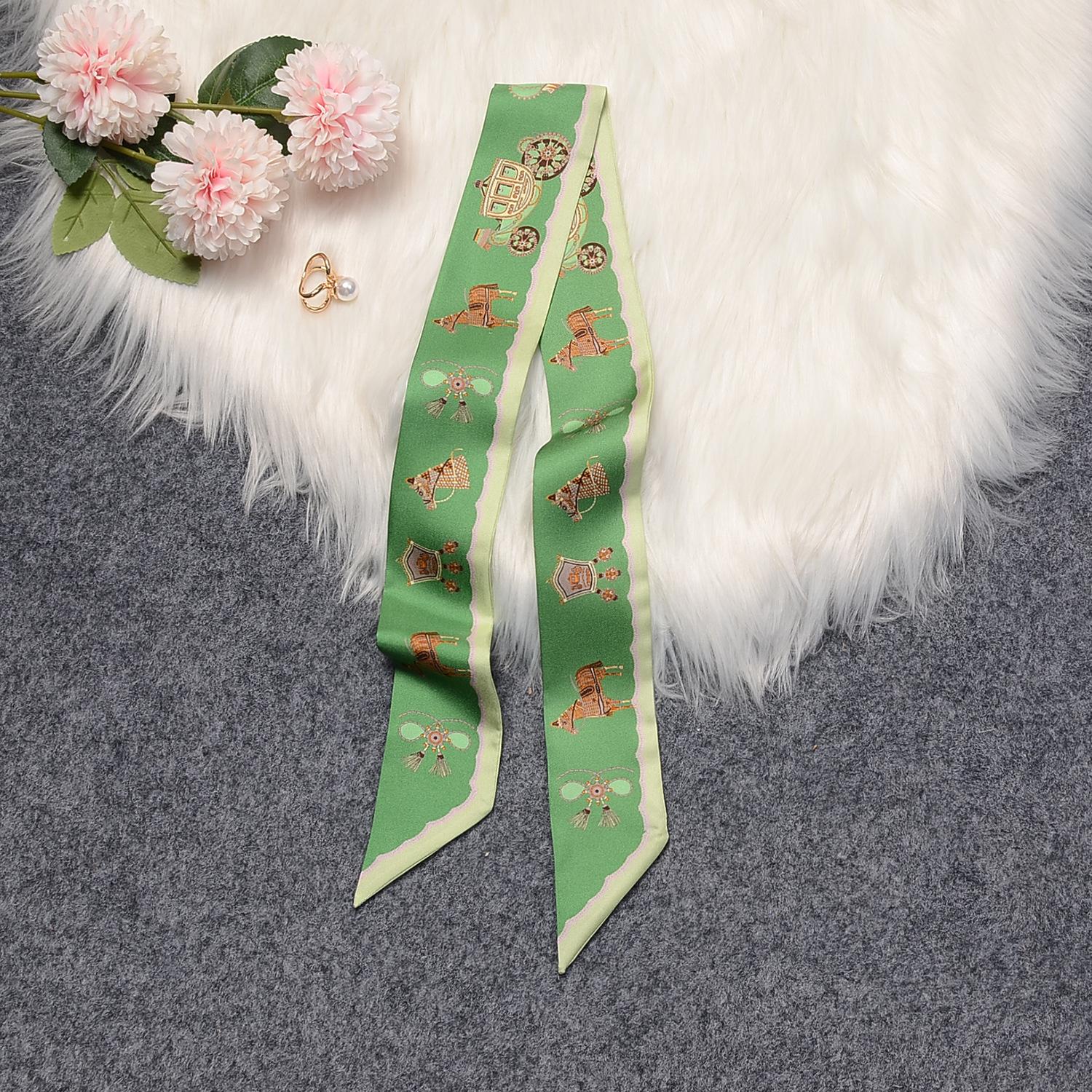 French 100% mulberry silk scarf, exquisite pony carriage headband, silk scarf, women s versatile hair band, tied hair streamer 86*5cm зелёный