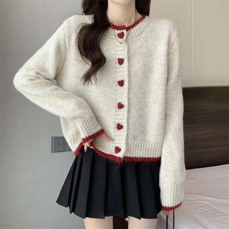 2026 Autumn/Winter Korean Style Heart Button Knit Cardigan - Women's Soft, Fluffy, Color Block, Short Round Neck Sweater Coat