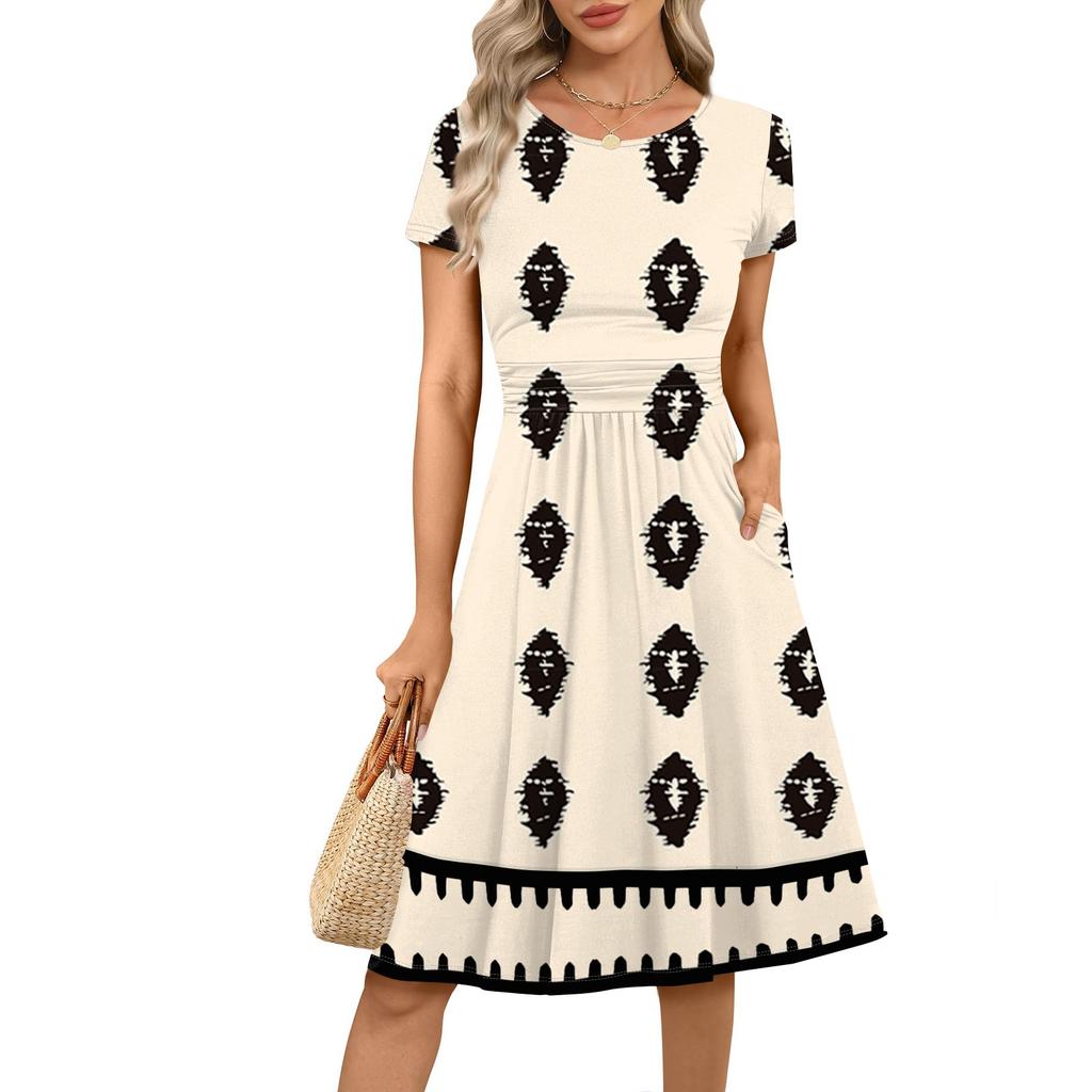 Women's Casual Fashion Round Neck Pleated Short Sleeve Bohemian A-Line Midi Dress