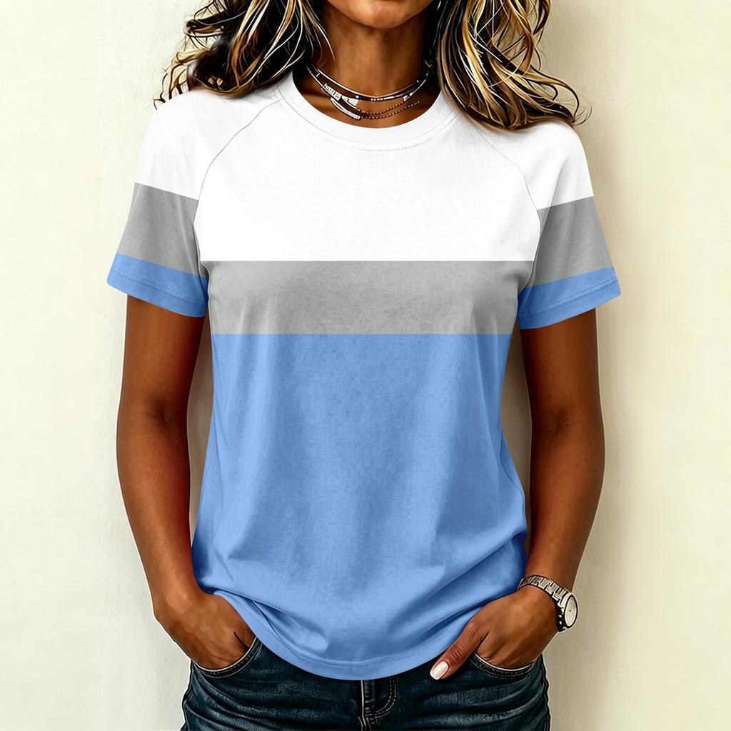 Women's Fashion Raglan Sleeve Crew Neck Casual Colorblock Print Short Sleeve Top Lightweight Soft Fabric Comfortable Fit