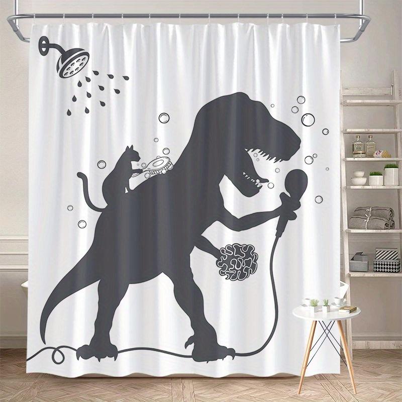 Dinosaur Shower Curtain 1180x180cm – Funny Cat Sidekick, Bathroom Karaoke Scene, 12 Hooks Bath decorative shower curtain