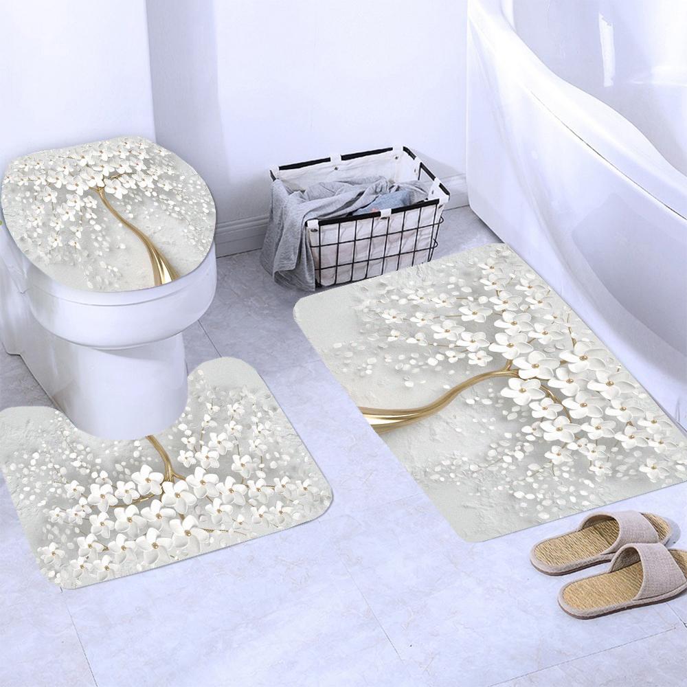 Elegant Bukett Av Fantastiska Vita Blommor 3D-stil Duschdraperi Badrumsgardin Med Badrumsmatta Mattset Blommig Heminredning
