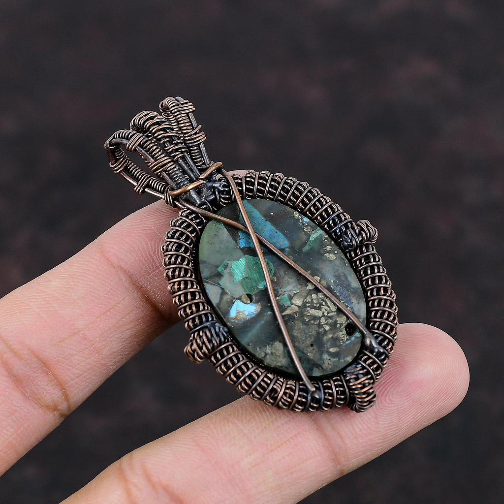 Copper Azurite Malachite Pendant Copper Wire Wrapped Gemstone Pendant Handmade Copper Jewelry Brand New Pendant Wire Wrap Jewelry For Gift