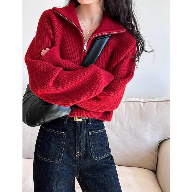 Women's Korean Style Stand Collar Half-Zip Thick Knit Sweater for Autumn/Winter