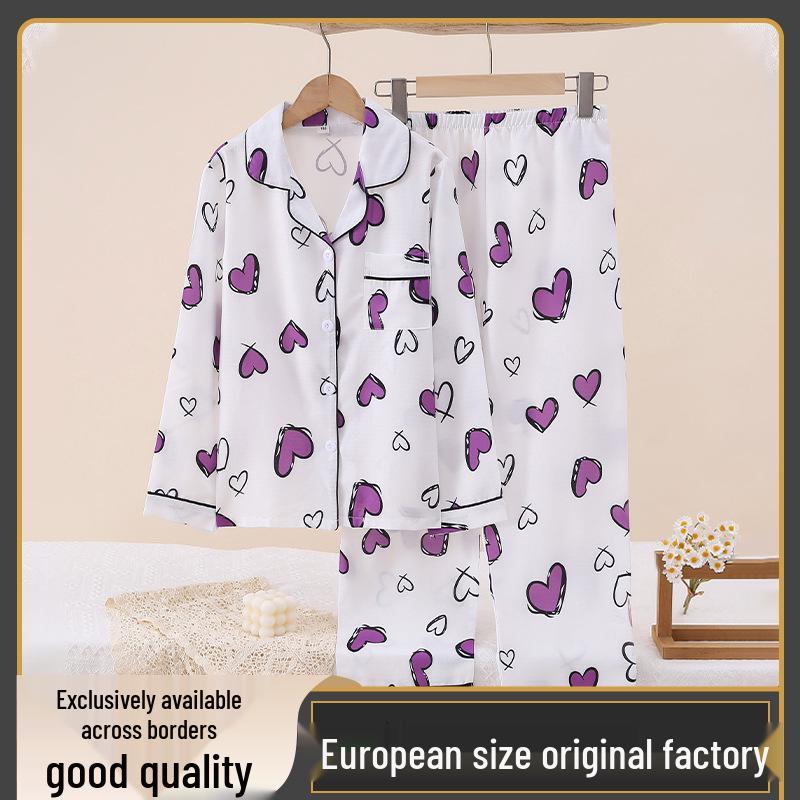 Girls Heart-Shaped Lapel Cardigan Pajamas – Long Sleeve, Long Pants 120 cm