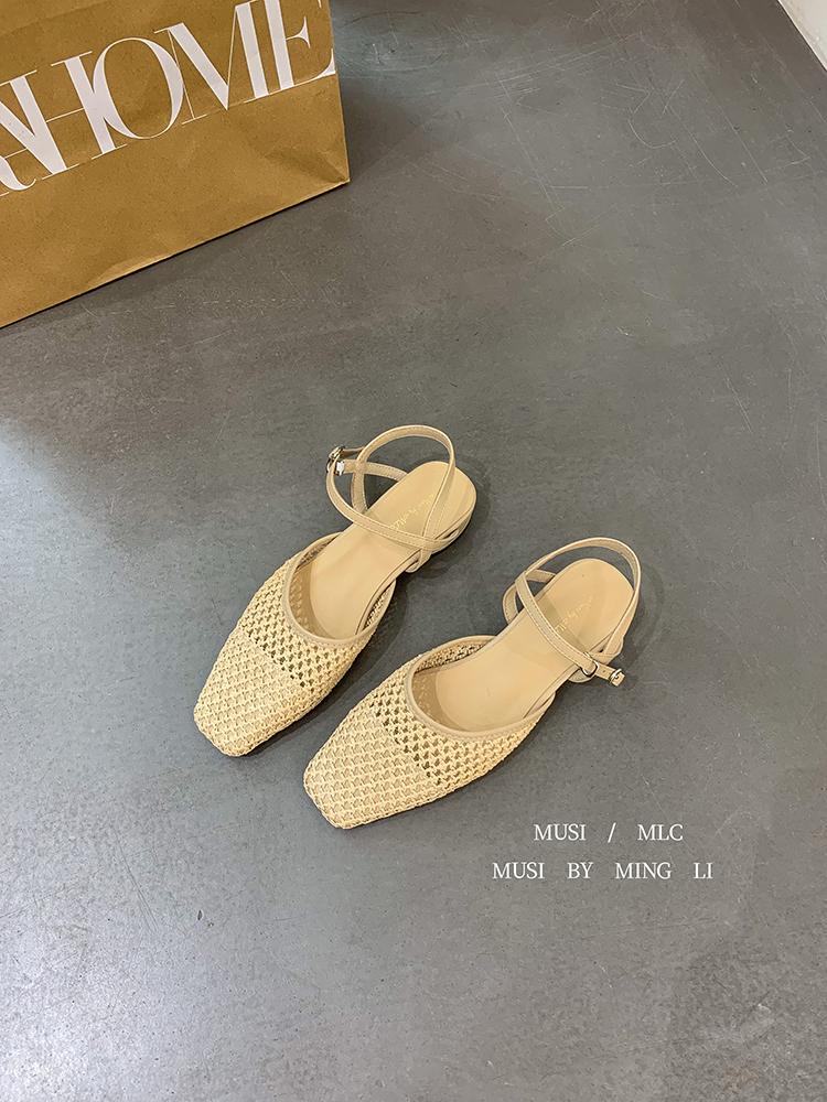 Fashion Vintage Woven Hollow Sandals Women Fashion Round Toe Ankle Strap Buckle Casual Shoes Elegant Comfortable Sandalias De Mujer