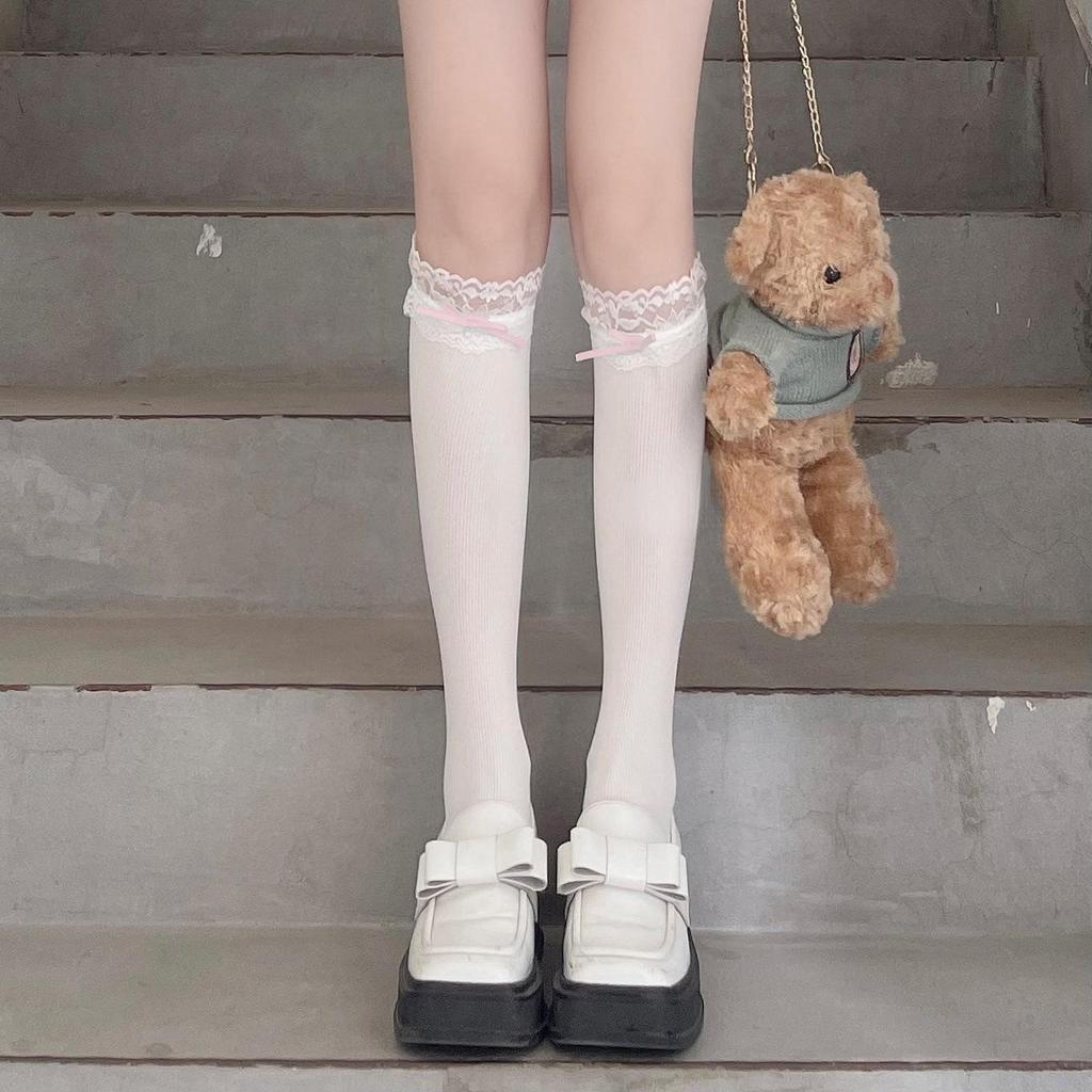 Japońskie Białe Koronkowe Skarpetki Podkolanówki z Kokardą z Aksamitu