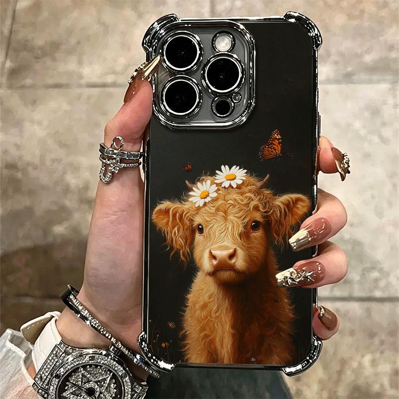 Cute Highland Cow Plating Phone Case For Iphone 16 17 Pro Max Air 16E 14 15 Plus 12 13 Mini Anti-Fall Airabag Cover