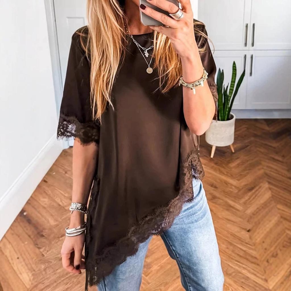 Women's Round Neck Short Sleeve Tee Loose Fit Casual Solid Lace Asymmetric Hem Blouse