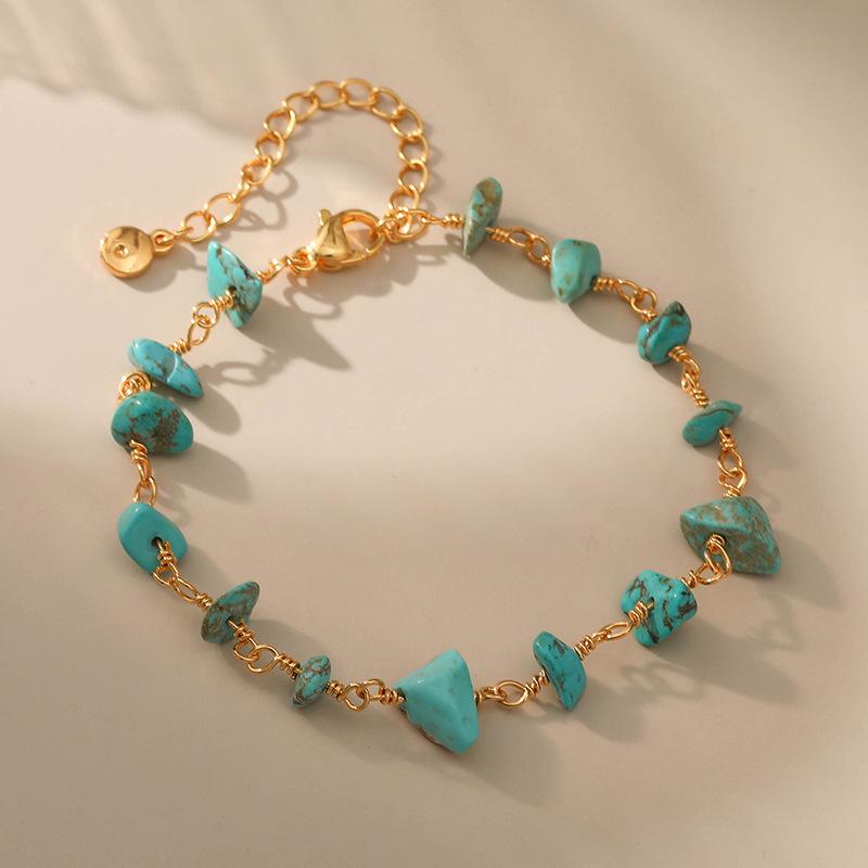Handmade Crushed Stone Turquoise Bracelet Copper 18k Gold Plated Ethnic Style For Women